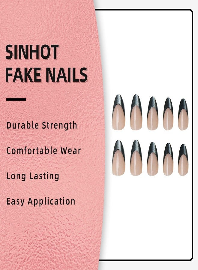 SINHOT Stiletto Press on Nails Long - Dark Green Fake Nails Glossy Glue on Nails French Tip Acrylic Nail Supplies Almond Artificial Nail Art Stick on False Nails with Design DIY 24 pcs - Image 5